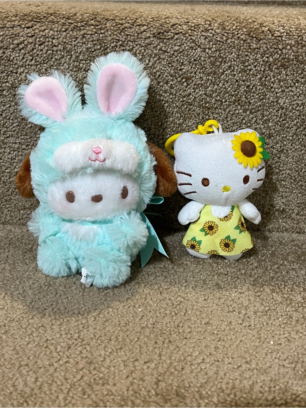 Sanrio Pochakko Mascot Holder Plush Bunny Rabbit Blue & Hello Kitty dangler